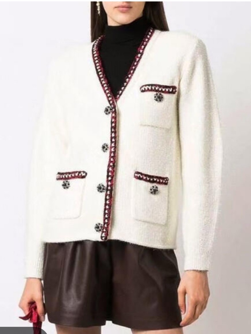 Self-Portrait Cream Cardigan with Red and Black Trim